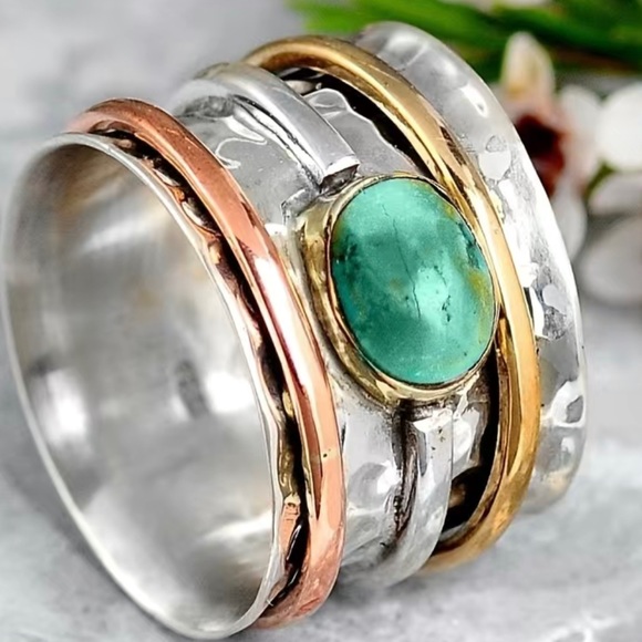 Silver, gold, rose gold, turquoise colored metal ring. Size 9 Statement piece - Picture 2 of 5